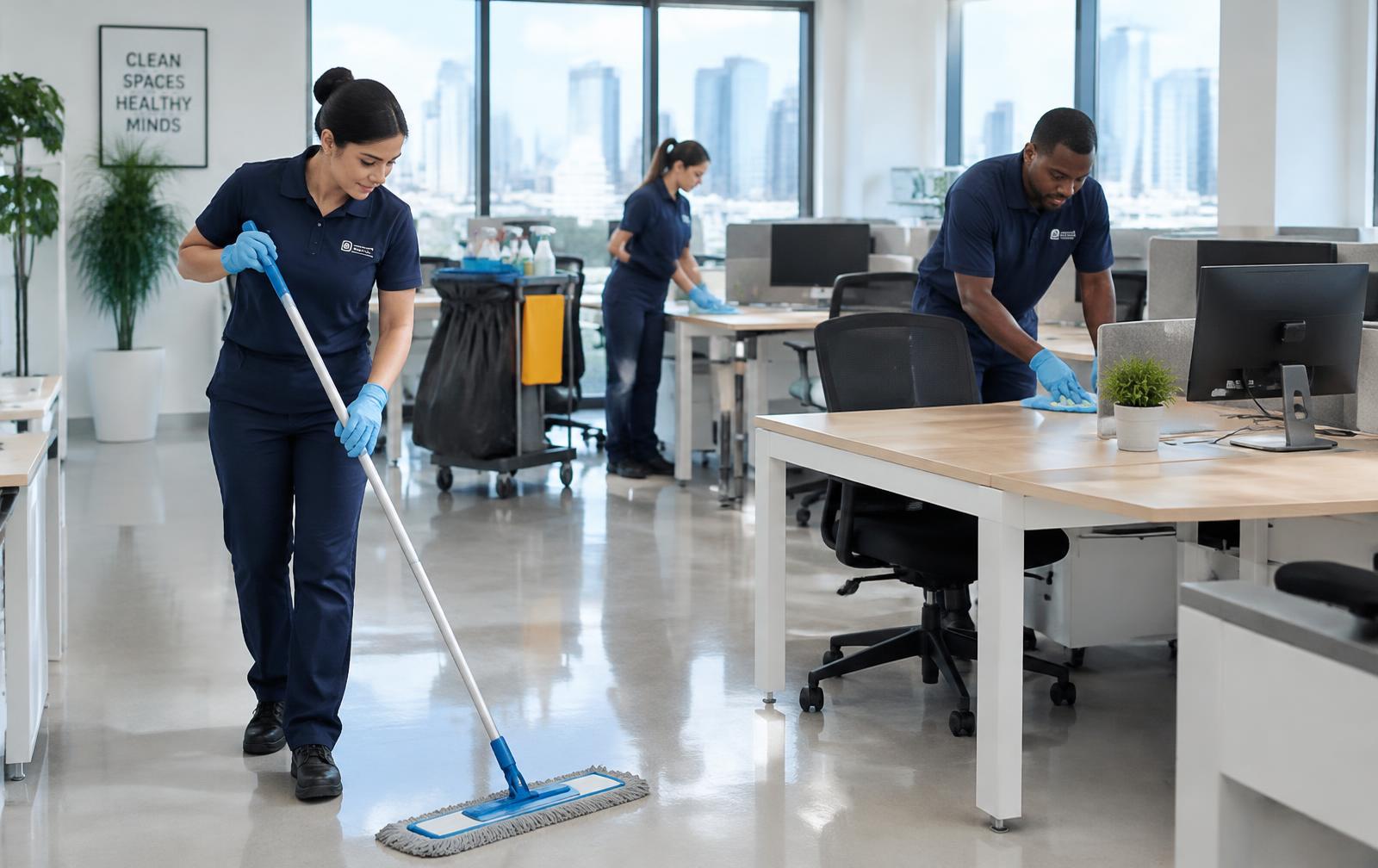 Janitorial staff cleaning a modern office